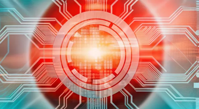 Abstraktes, technisches Bild mit einem roten Kreis auf blauem Grund und Leitungen, die gegen die Mitte zu laufen