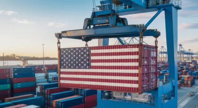 Containerhafen, Kran hebt Container mit US-Flagge an