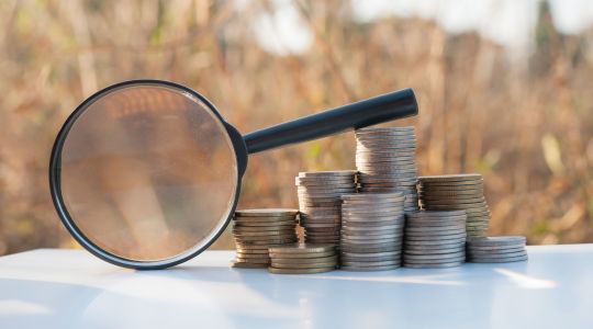 Eine Lupe mit gestapelten Münzen