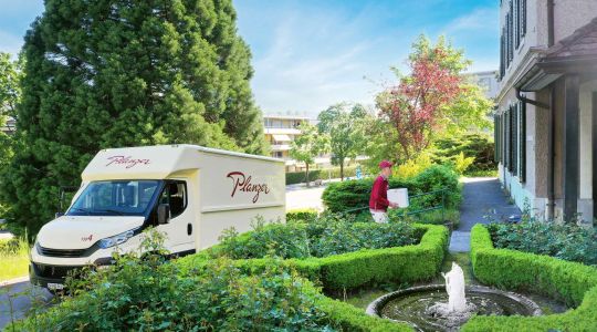 Paketzusteller vor Gebäude mit Garten