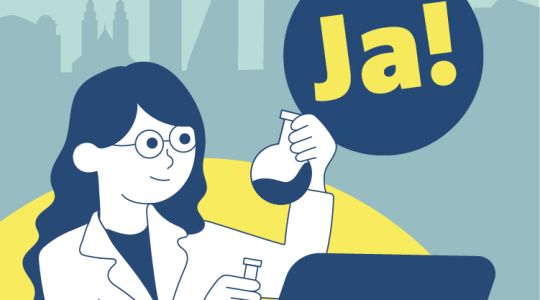 Forscherin im Comicstil mit Laptop und Reagenzglas mit dem Schriftzug JA!