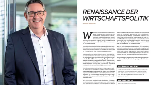 Das Bild zeigt die Doppelseite der Kolumne im Magazin mit links das Portrait von Martin Dätwyler und rechts der Artikel.