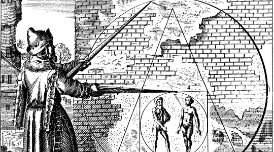 Das Bild zeigt Die Radierung (Kupferstich) stammt vom berühmten Basler Künstler Matthäus Merian und zeigt die sogenannte Quadratur des Kreises