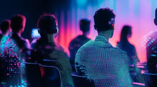 Das Bild zeigt ein KI-Publikum an einer Veranstaltung von hinten sitzend