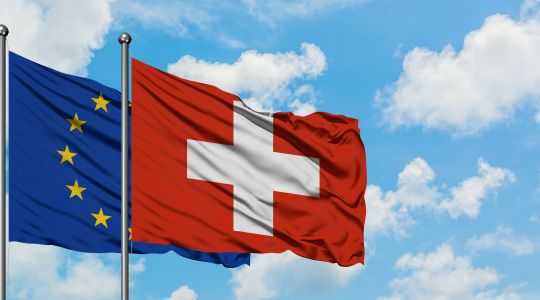 Europäische und Schweizerfahnen im Wind