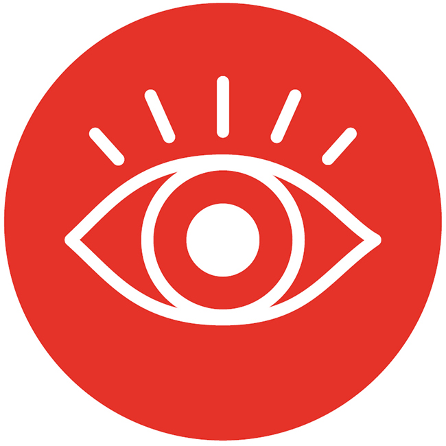 Weisses Auge mit Wimpern auf rotem Grund