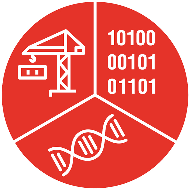 Weisser Kran, weisse Helix und weisser Binärcode auf rotem Grund