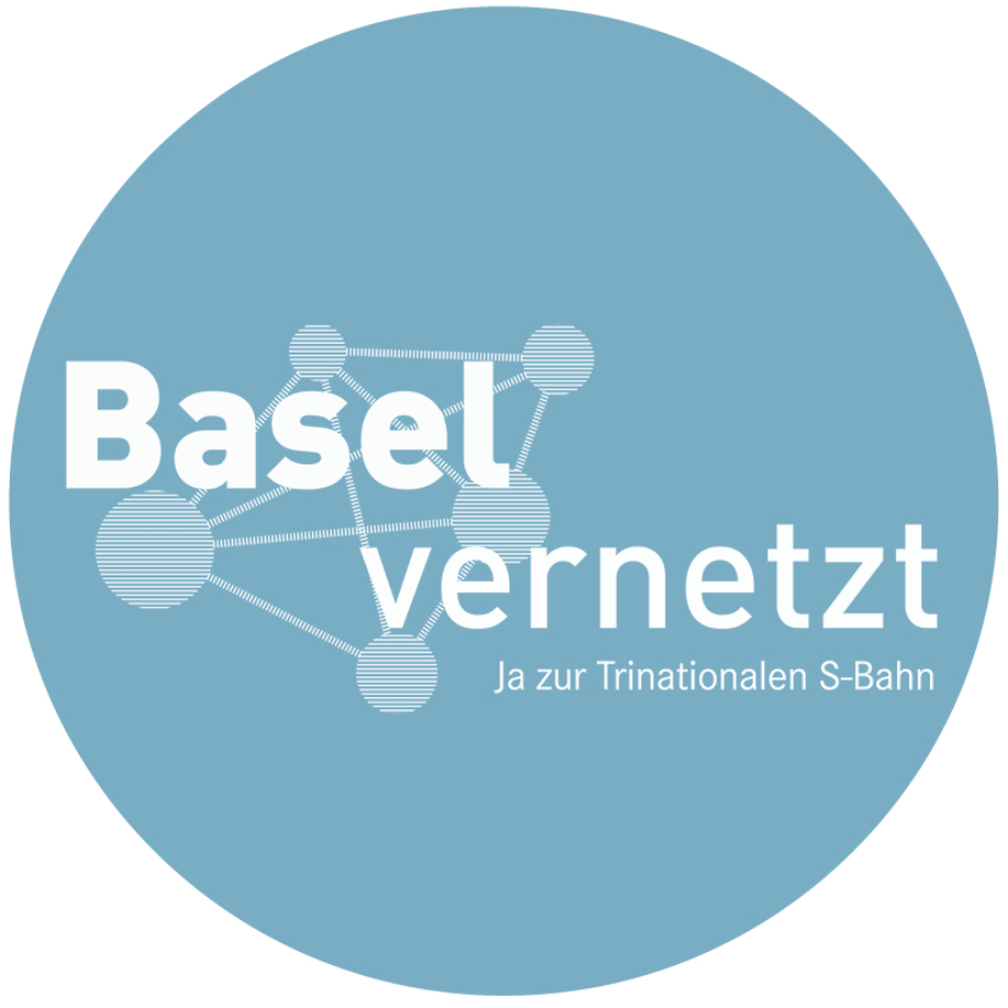 Blauer Kreis mit weissem Schriftzug «Basel vernetzt»