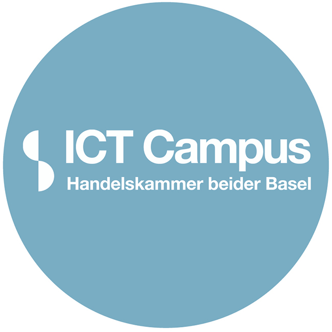 Blauer Kreis mit weissem Schriftzug «ICT Campus»
