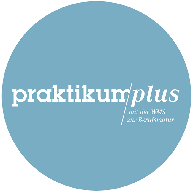Blauer Kreis mit weissem Schriftzug «Praktikumplus»