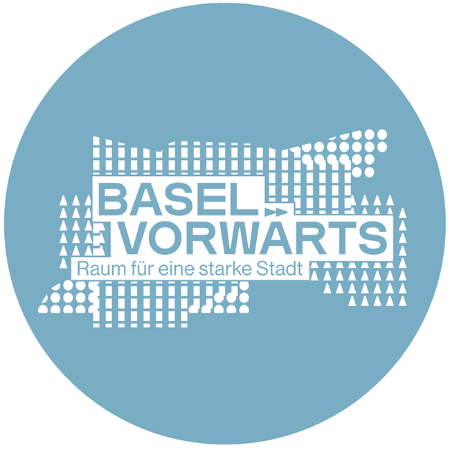 Blauer Kreis mit weissem Schriftzug «Basel vorwärts»