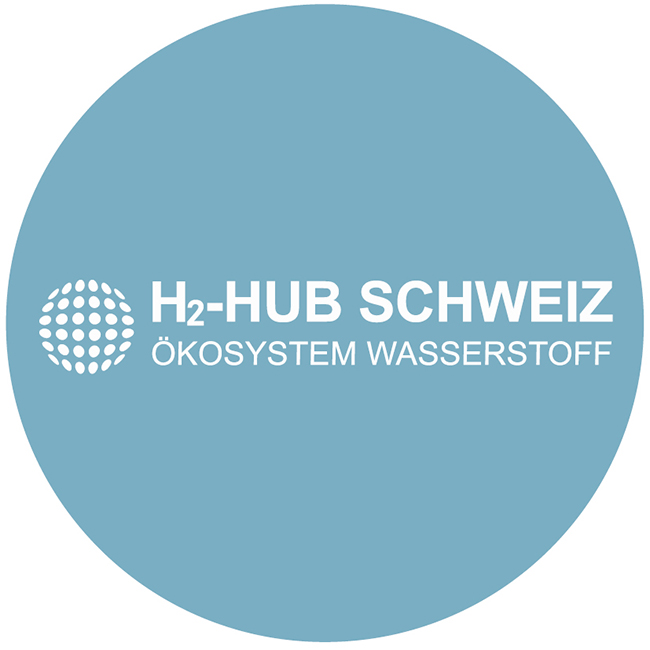 Blauer Kreis mit weissem Schriftzug «H2 Hub Schweiz»