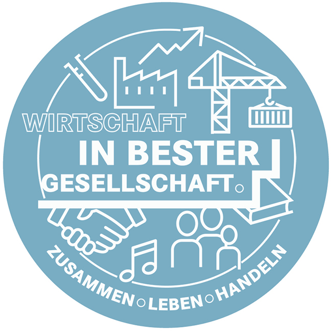 Blauer Kreis mit weissen Symbolbilder, Handshake, Kran, Industrie