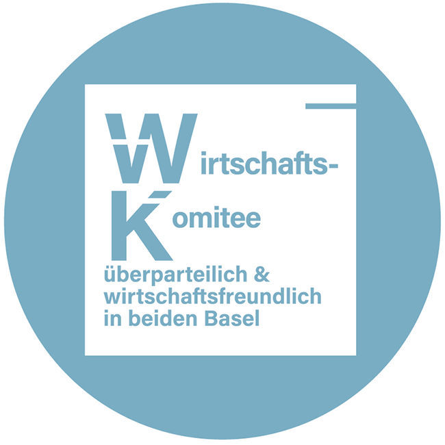 Blauer Kreis mit weissem Schriftzug «Wirtschaftskomitee»