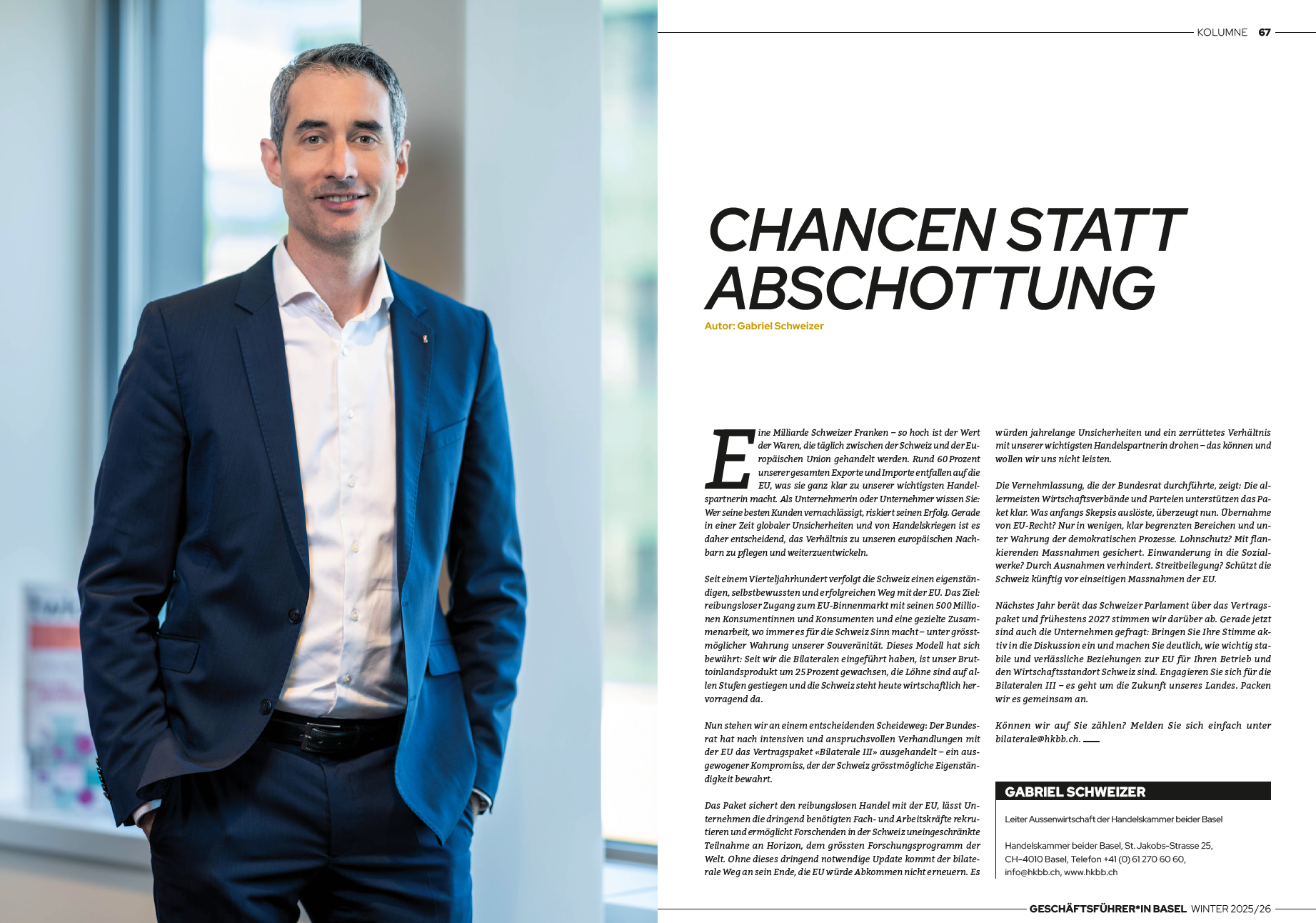 Das Bild zeigt die Doppelseite des Artikels Chancen statt Abschottung im Magazin Geschäftsführer 