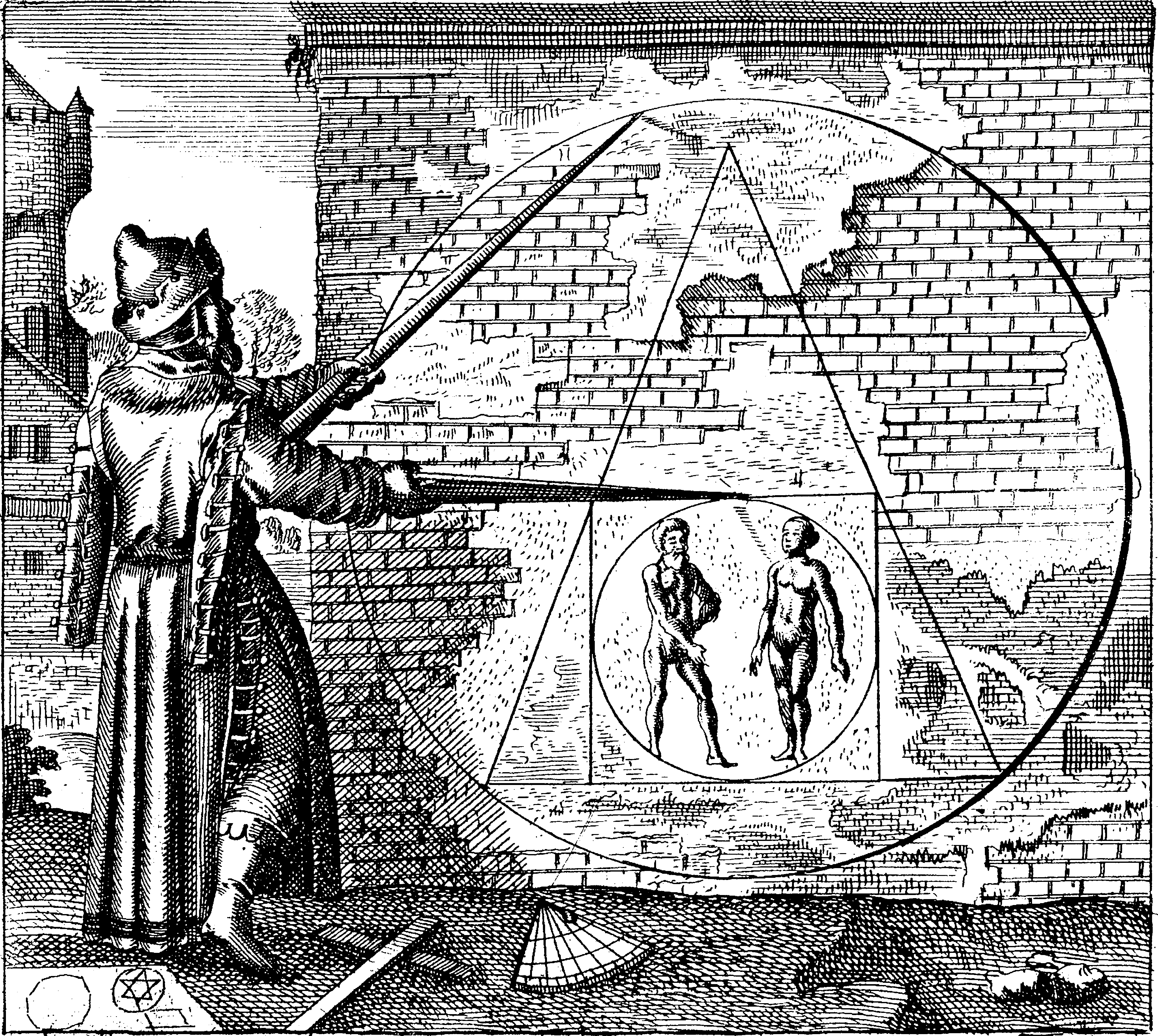 Das Bild zeigt Die Radierung (Kupferstich) stammt vom berühmten Basler Künstler Matthäus Merian und zeigt die sogenannte Quadratur des Kreises